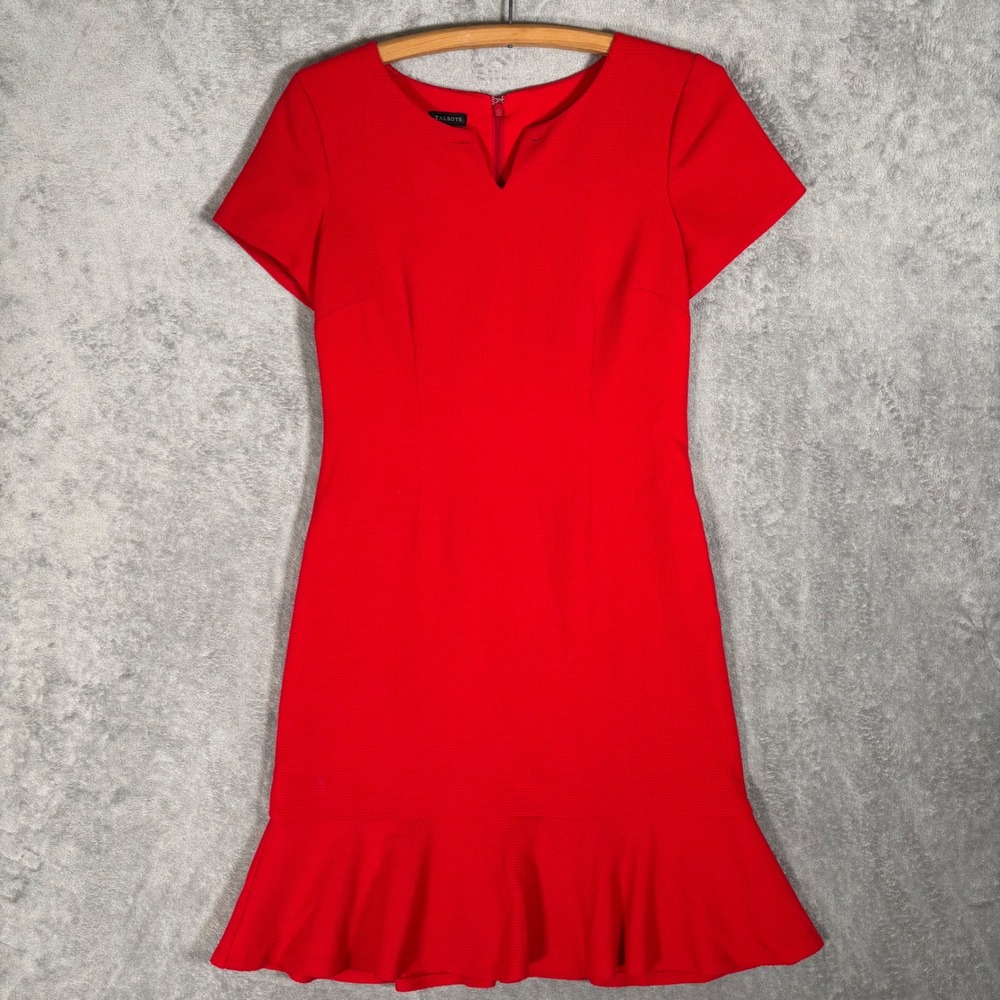 Talbots Red Textured Flounce Hem Sheath Dress Size 4 Short Sleeve Split Neck